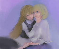 Rule 34 | 2girls, absurdres, alice margatroid, blonde hair, blue eyes, capelet, female focus, finger to mouth, green eyes, hairband, hand on another&#039;s cheek, hand on another&#039;s face, highres, hug, imminent kiss, kirisame marisa, lips, long hair, meeeeeji, meiji (charisma serve), multiple girls, no headwear, short hair, simple background, touhou, yuri
