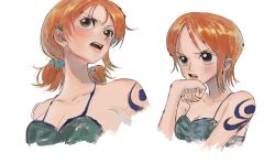 Rule 34 | 1girl, arm tattoo, bikini, bikini top only, brown eyes, commentary, from below, highres, linerynlasgalen, multiple views, nami (one piece), one piece, orange hair, short hair, sidelocks, simple background, swimsuit, symbol-only commentary, tattoo, twintails, upper body, white background
