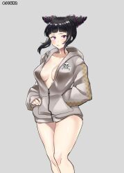 Rule 34 | 1girl, absurdres, artist name, black hair, breasts, capcom, closed mouth, collarbone, drill hair, female focus, grey background, han juri, hand in pocket, highres, hood, hooded jacket, jacket, johwa (1n33dyour1ov3), looking at viewer, medium breasts, purple eyes, sidelocks, solo, standing, street fighter, thighs, twin drills, white background