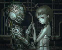 Rule 34 | (tat), 1990s (style), 1girl, bare shoulders, brown hair, cable, dual persona, eyebrows, hair ornament, holding hands, interlocked fingers, iwakura lain, nightgown, nose, parted lips, robot, romaji text, serial experiments lain, short hair, x hair ornament