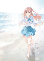 1girl barefoot beach blue_bow blue_eyes blue_skirt blue_sky blush bow breasts brown_hair character_request cloud collarbone collared_shirt commentary_request day dress_shirt floating_hair footprints horizon long_hair ocean outdoors pleated_skirt ponytail replica_datte_koi_o_suru running sand shirt short_sleeves skirt sky small_breasts smile solo sunlight very_long_hair water weee_(raemz) white_shirt