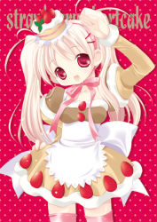 Rule 34 | apron, cake, cake dress, dress, food, food-themed clothes, food as clothes, fruit, hair ornament, hairclip, pastry, pink hair, red eyes, ribbon, solo, strawberry, strawberry shortcake, thighhighs, tokumi yuiko, twintails