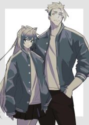 Rule 34 | 1boy, 1girl, absurdres, achilles (fate), animal ears, arms at sides, atalanta (fate), border, braid, closed mouth, fate/grand order, fate (series), grey border, hand in pocket, haruakira, highres, jacket, letterman jacket, long sleeves, looking at viewer, monochrome, parted lips, pleated skirt, shirt, short hair, skirt, smile, undercut, white background