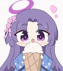 Rule 34 | 1girl, animated, animated gif, blue archive, blue kimono, blush stickers, chibi, commentary request, eating, fang, food, hair ornament, halo, heart, holding, holding ice cream cone, ice cream, ice cream cone, japanese clothes, kimono, long hair, long sleeves, looking at viewer, parted bangs, purple eyes, purple hair, purple halo, skin fang, solo, tongue, tongue out, umihio, upper body, yukari (blue archive), yukata