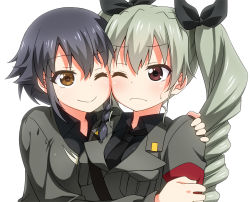 Rule 34 | 10s, 2girls, anchovy (girls und panzer), anzio military uniform, belt, black hair, black neckwear, black ribbon, black shirt, braid, brown eyes, cheek-to-cheek, closed mouth, commentary, dress shirt, drill hair, frown, girls und panzer, green hair, grey jacket, hair ribbon, heads together, jacket, long hair, long sleeves, looking at viewer, military, military uniform, multiple girls, necktie, one eye closed, pepperoni (girls und panzer), portrait, red eyes, ribbon, sam browne belt, shirt, short hair, side-by-side, side braid, simple background, smile, sweatdrop, twin drills, twintails, umekichi, uniform, white background