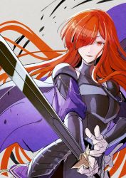Rule 34 | 1girl, aono shimo, armor, cape, dorothea nur, eyes visible through hair, faulds, floating hair, gauntlets, hair over one eye, highres, holding, holding sword, holding weapon, long hair, looking at viewer, mature female, purple cape, red eyes, red hair, solo, sword, very long hair, watashi no oshi wa akuyaku reijou, weapon