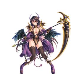 Rule 34 | 1girl, arm guards, armor, black hair, black thighhighs, boots, breasts, brown eyes, brown hair, cape, center opening, cleavage, demon girl, demon horns, demon tail, demon wings, detached collar, elbow gloves, feathers, feet, full body, gauntlets, gloves, groin, holding, holding weapon, horns, knee boots, large breasts, legs, leotard, long hair, looking at viewer, makirin, official art, scythe, sennen sensou aigis, shoulder armor, sickle, smile, solo, sophie (sennen sensou aigis), standing, tail, thighhighs, thighs, transparent background, weapon, white background, wings, yellow eyes