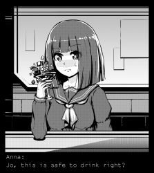 Rule 34 | 1girl, alcohol, anna graem, bad id, bad pixiv id, blunt bangs, blush, character name, collarbone, counter, cup, drink, drinking glass, english text, eyebrows, eyes visible through hair, greyscale, hexun6, hexunart, highres, holding, long sleeves, looking at viewer, monochrome, neckerchief, nose blush, school uniform, serafuku, solo, straight hair, sweat, sweatdrop, text focus, va-11 hall-a, wine glass