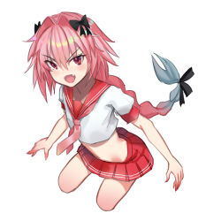 Rule 34 | 1boy, astolfo (fate), astolfo (sailor paladin) (fate), black bow, blush, bow, braid, fate/apocrypha, fate/grand order, fate (series), hair bow, long hair, looking at viewer, male focus, neckerchief, official alternate costume, parted lips, pink hair, pink neckerchief, red eyes, red skirt, sketch, skirt, smile, solo, trap, yilan