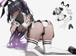 Rule 34 | 1girl, all fours, animal ears, apron, ass, backless outfit, bikini, black bikini, black footwear, black hair, blue archive, blush, breasts, capitan wei, commentary request, dark-skinned female, dark skin, fake animal ears, fake tail, gloves, hand on own face, high heels, high ponytail, highres, karin (blue archive), large breasts, leotard, long hair, looking at viewer, maid, maid apron, micro bikini, playboy bunny, ponytail, rabbit ears, rabbit tail, short sleeves, skindentation, string bikini, swimsuit, tail, thighhighs, very long hair, waist apron, white gloves, white thighhighs, wrist cuffs, yellow eyes