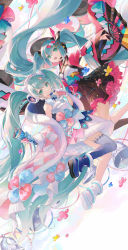 Rule 34 | absurdly long hair, aqua eyes, aqua hair, bare legs, bare shoulders, bell, black dress, blue gloves, blush, boots, bow, bowtie, closed mouth, dress, flower, gloves, hair ornament, hairclip, hand fan, happy, hatsune miku, highres, holding, holding fan, jumping, long hair, looking at viewer, magical mirai miku, magical mirai miku (2020 summer), magical mirai miku (2020 winter), multiple persona, open mouth, outstretched arm, ouu min, single glove, smile, twintails, very long hair, vocaloid, white dress