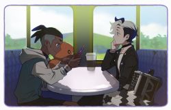 Rule 34 | 2boys, aged down, black choker, black hair, black jacket, choker, closed mouth, commentary, creatures (company), cup, dark-skinned male, dark skin, day, disposable cup, dynamax band, earrings, from side, galarian form, galarian zigzagoon, game freak, gen 3 pokemon, gen 8 pokemon, head rest, holding, holding phone, hood, hoodie, jacket, jewelry, long sleeves, male focus, multicolored hair, multiple boys, nintendo, phone, piers (pokemon), pokemon, pokemon (creature), pokemon swsh, raihan (pokemon), shirt, shorts, sitting, smile, train interior, trapinch, two-tone hair, undercut, white hair, white shirt, window, zigzagdb
