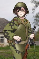Rule 34 | 1girl, absurdres, ammunition pouch, armor, bag, blurry, blurry background, body armor, brown hair, camouflage, camouflage jacket, camouflage pants, chin strap, combat helmet, commentary, day, drum magazine, green eyes, gun, gun sling, hair between eyes, helmet, highres, holding, holding gun, holding weapon, jacket, keiita, long sleeves, looking at viewer, magazine (weapon), messenger bag, military, military jacket, military uniform, open mouth, original, outdoors, pants, photo background, pouch, ppsh-41, short hair, shoulder bag, soldier, solo, soviet, soviet army, standing, submachine gun, uniform, upper body, weapon, world war ii
