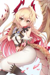 Rule 34 | 1girl, absurdres, ass, bare shoulders, blonde hair, blush, boots, breasts, closed mouth, cowboy shot, dragon girl, dragon horns, dragon tail, dragon wings, hair between eyes, head tilt, high collar, highres, horns, long hair, looking at viewer, lumiore prestigious gold (shadowverse), maruq 2826, medium breasts, multicolored hair, pointy ears, red hair, red horns, scales, shadowverse, simple background, single hair intake, single wing, skin tight, smile, solo, symbol-shaped pupils, tail, wings, yellow eyes