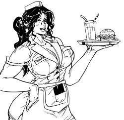 Rule 34 | 1girl, :d, apron, bb (baalbuddy), blush, breasts, burger, cleavage, contrapposto, cowboy shot, cup, drinking glass, drinking straw, fangs, food, greyscale, hand up, highres, holding, holding tray, large breasts, looking at viewer, monochrome, name tag, notepad, open mouth, orc, original, ponytail, short sleeves, simple background, smile, solo, tray, waitress, white background