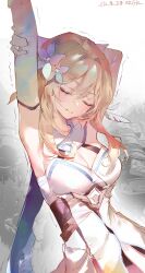 Rule 34 | 1girl, absurdres, arm behind head, arm up, blonde hair, breasts, cleavage, closed eyes, closed mouth, cocoballking, commentary, cowboy shot, dated, dress, flower, genshin impact, grabbing own arm, hair flower, hair ornament, highres, lumine (genshin impact), medium breasts, short hair with long locks, sidelocks, solo, stretching, white dress, white flower