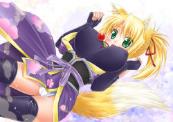 Rule 34 | 10s, 1girl, animal ears, blonde hair, blush, breasts, dog days, covered erect nipples, fingerless gloves, flower, fox ears, fox tail, gloves, green eyes, hair ribbon, japanese clothes, jewelry, large breasts, long hair, necklace, open mouth, ponytail, ribbon, shinozuki takumi, solo, tail, thighhighs, yukikaze panettone