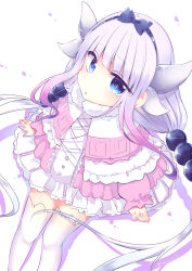Rule 34 | 10s, 1girl, absurdres, beads, black bow, blue eyes, blunt bangs, bow, capelet, dragon girl, dragon horns, dragon tail, dress, hair beads, hair bow, hair ornament, hairband, highres, horns, kanna kamui, kobayashi-san chi no maidragon, long hair, long sleeves, looking at viewer, mochico (mooncat xxx), monster girl, short dress, silver hair, simple background, sitting, solo, tail, thighhighs, twintails, white thighhighs