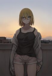 Rule 34 | 1girl, arms at sides, balcony, bare shoulders, black tank top, blonde hair, blue eyes, blush, breasts, building, closed mouth, collarbone, commentary, empty eyes, feet out of frame, glasses, gradient sky, hair between eyes, highres, jacket, jacket partially removed, light blush, lips, long sleeves, looking at viewer, medium breasts, mole, mole under eye, morning, nose blush, open clothes, open jacket, original, pink shorts, power lines, short hair, short shorts, shorts, sky, solo, squinting, standing, star (sky), strap slip, sunrise, tabao, tank top, utility pole, white jacket