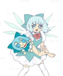 Rule 34 | 1980s (style), 1girl, anime girl throwing things (meme), blue bow, blue dress, blue eyes, blue hair, bow, breasts, cirno, collared shirt, dress, fumo (doll), hair bow, ice, ice wings, meme, oldschool, parody, pinafore dress, puffy short sleeves, puffy sleeves, red bow, red neckwear, retro artstyle, shirt, short hair, short sleeves, skullchimes, sleeveless dress, small breasts, standing, thighhighs, touhou, white shirt, white thighhighs, wings