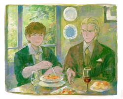 Rule 34 | 2boys, alcohol, amuro ray, black jacket, blonde hair, blue eyes, border, bread, bread bun, brown hair, char&#039;s counterattack, char aznable, collared shirt, cup, drinking glass, ex.rudo, faux traditional media, food, formal, gundam, hair slicked back, handkerchief, indoors, jacket, long sleeves, looking at another, male focus, multiple boys, necktie, open clothes, open jacket, painterly, painting (object), plate, red jacket, shirt, short hair, sitting, sleeves rolled up, smile, suit, table, upper body, white border, white shirt, window, wine, wine glass, yellow necktie
