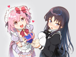 Rule 34 | 2girls, :d, alternate costume, apron, assault lily, black hair, black ribbon, black skirt, blush, bow, bowtie, box, breasts, buttons, cleavage, commentary request, cropped jacket, detached collar, dress, enmaided, fingernails, frilled apron, frilled dress, frilled legwear, frilled skirt, frilled sleeves, frills, from side, gift, glint, grey background, hair between eyes, hair bow, hands up, heart, heart-shaped box, high-waist skirt, hitotsuyanagi riri, holding, holding gift, jewelry, juliet sleeves, large breasts, long hair, long sleeves, looking at another, looking at viewer, looking to the side, looking up, maid, maid headdress, multiple girls, neck ribbon, nose blush, official alternate costume, one side up, open hands, open mouth, own hands together, parted lips, pink eyes, pink hair, puffy short sleeves, puffy sleeves, purple dress, purple eyes, red bow, red bowtie, ribbon, ring, school uniform, shirai yuyu, shirt, short hair, short sleeves, simple background, skirt, skull573, smile, sparkle, standing, striped bow, striped bowtie, striped clothes, teeth, thighhighs, upper teeth only, valentine, white apron, white legwear, white shirt, yuri, yurigaoka girls academy school uniform