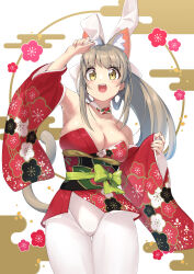 Rule 34 | 1girl, absurdres, animal ears, arukiru, bare shoulders, breasts, cat ears, cat girl, cat tail, choker, cleavage, commentary request, fake animal ears, floral print, highres, japanese clothes, kimono, large breasts, leotard, looking at viewer, open mouth, original, pantyhose, playboy bunny, print kimono, rabbit ears, red kimono, tail, white leotard, white pantyhose, wide sleeves, yellow eyes