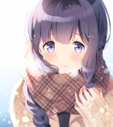 Rule 34 | 1girl, black hair, blush, braid, brown scarf, closed mouth, gradient background, highres, kantai collection, kitakami (kancolle), komi zumiko, light smile, long hair, long sleeves, looking at viewer, portrait, purple eyes, scarf, single braid, snowflakes, solo