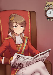 Rule 34 | 1girl, absurdres, armchair, bar censor, brown hair, censored, chair, clock, english text, girls&#039; frontline, gloves, green eyes, highres, holding, holding newspaper, huge filesize, idw (girls&#039; frontline), jacy, lee-enfield (girls&#039; frontline), looking away, meme, newspaper, parody, parted lips, ponytail, sitting, solo, thighhighs, tom and jerry, tom reading the newspaper (meme), ump9 (girls&#039; frontline), wall clock, white gloves, white thighhighs