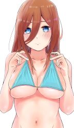 Rule 34 | 1girl, absurdres, bikini, blue bikini, blue eyes, blush, breasts, brown hair, closed mouth, go-toubun no hanayome, hair between eyes, hands up, highres, large breasts, long bangs, long hair, looking at viewer, miwataku, nakano miku, navel, pulling own clothes, simple background, skindentation, solo, stomach, strap pull, swimsuit, upper body, white background
