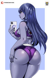 Rule 34 | 1girl, absurdres, alternate costume, ass, black nails, blue background, blush, border, breasts, cellphone, colored skin, commentary, english commentary, floating hair, from behind, hand on own ass, highres, holding, holding phone, kyoffie, long hair, medium breasts, outside border, overwatch, panties, patreon logo, phone, purple hair, purple lips, purple panties, purple skin, purple sports bra, smartphone, solo, sports bra, underwear, very long hair, watermark, web address, white border, widowmaker (overwatch), yellow eyes