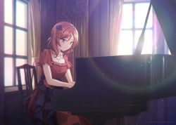 Rule 34 | 1girl, birthday, commentary request, curtains, dress, flower, hair flower, hair ornament, instrument, jewelry, love live!, love live! school idol project, music, necklace, nishikino maki, piano, playing instrument, playing piano, purple eyes, red dress, red hair, shamakho, short hair, short sleeves, sidelocks, sitting, solo, window