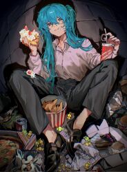 Rule 34 | 1girl, a604531378, bag of chips, black footwear, black pants, blue eyes, blue hair, bucket of chicken, burger, cake, cake slice, can, candy, candy wrapper, chips (food), chocolate cake, closed mouth, collared shirt, cup, disposable cup, eating, food, hatsune miku, high-waist pants, highres, holding, holding cake, holding food, jelly bean, loafers, long hair, looking at viewer, pants, pastry box, pizza, pizza box, potato chips, scone, shirt, shirt tucked in, shoes, sidelocks, sitting, solo, too much food, very long hair, vocaloid, white shirt