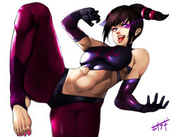 Rule 34 | 1girl, absurdres, barefoot, feet, glowing, glowing eye, han juri, highres, kisaragi tsurugi, long hair, looking at viewer, open mouth, purple eyes, road, street fighter, toes, tongue, tongue out, white background