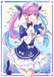 Rule 34 | 1girl, anchor, anchor symbol, animal, blue bow, blue dress, blue footwear, blue hair, blue nails, bow, character name, collarbone, commentary request, controller, dress, feet out of frame, fish, frilled dress, frills, game controller, grin, hands up, highres, holding, holding controller, hololive, long hair, looking at viewer, maid headdress, minato aqua, minato aqua (1st costume), multicolored hair, nail polish, pink hair, puffy short sleeves, puffy sleeves, purple eyes, shoes, short sleeves, smile, solo, standing, standing on one leg, streaked hair, twintails, two-tone hair, very long hair, virtual youtuber, wrist cuffs, xuu shi times