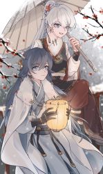 Rule 34 | 2girls, :d, absurdres, black gloves, black hair, blue eyes, branch, chinese clothes, chinese new year, closed mouth, earrings, fu hua, gloves, hanfu, highres, holding, holding lantern, holding umbrella, honkai (series), honkai impact 3rd, jewelry, kiana kaslana, lantern, long hair, long sleeves, multiple girls, oil-paper umbrella, open mouth, outdoors, ponytail, smile, snow, snowing, tanghc175, umbrella, white hair