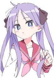 Rule 34 | 1girl, blue eyes, bright pupils, brown ribbon, closed mouth, commentary request, hair ribbon, hiiragi kagami, ixy, long hair, looking at viewer, lucky star, neckerchief, pink neckerchief, purple hair, red sailor collar, ribbon, sailor collar, school uniform, serafuku, simple background, solo, twintails, white background, white pupils