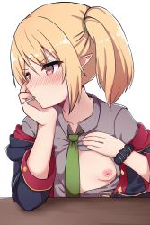 Rule 34 | 000 (jicasoe), 1girl, absurdres, black hoodie, blonde hair, blush, breasts, chloe (princess connect!), elf, embarrassed, flashing, food, food in mouth, green necktie, grey shirt, highres, hood, hooded coat, hooded jacket, hoodie, jacket, necktie, nipples, one breast out, open clothes, open shirt, oppai challenge, pointy ears, popsicle, popsicle in mouth, princess connect!, scrunchie, shirt, simple background, small breasts, solo, twintails, white background