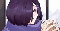 Rule 34 | :d, androgynous, cup, disposable cup, hair over one eye, highres, holding, kirishima touka, looking at viewer, open mouth, portrait, purple eyes, purple hair, purple scarf, scarf, smile, tokyo ghoul, vergil mon