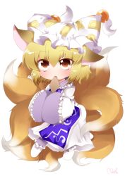 Rule 34 | 1girl, aburaage, animal ears, bad id, bad pixiv id, blonde hair, chibi, female focus, food, fox ears, fox tail, full body, hands in opposite sleeves, hat, mouth hold, multiple tails, mushimaro, short hair, simple background, solo, standing, tail, touhou, white background, yakumo ran, yellow eyes