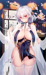 Rule 34 | 1girl, azur lane, blush, braid, branch, breast curtains, breasts, cherry blossoms, china dress, chinese clothes, cleavage, closed mouth, dress, flower, garter straps, gloves, grey dress, hair flower, hair ornament, half gloves, highres, large breasts, looking at viewer, neckwear between breasts, obiwan, pelvic curtain, red eyes, revealing clothes, short hair, side braid, side slit, sideboob, sirius (azur lane), sirius (azure horizons) (azur lane), solo, thighhighs, thighs, white gloves, white hair, white thighhighs