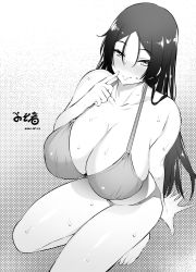 Rule 34 | 1girl, bare shoulders, bikini, blush, breasts, cleavage, curvy, dated, fate (series), greyscale, huge breasts, large breasts, long hair, looking at viewer, minamoto no raikou (fate), monochrome, parted bangs, seductive smile, signature, smile, solo, swimsuit, very long hair, wet, yosomono