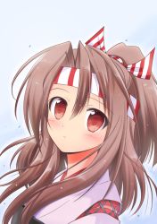Rule 34 | 1girl, blue background, blush, brown hair, from side, hachimaki, hair between eyes, hair intakes, hair ribbon, half updo, headband, japanese clothes, kantai collection, long hair, looking at viewer, looking to the side, muneate, parted lips, red eyes, ribbon, shizuna kaede, solo, striped ribbon, upper body, vertical stripes, zuihou (kancolle)
