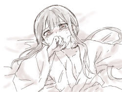 Rule 34 | 1boy, bed sheet, blush, collarbone, fate/grand order, fate (series), hair between eyes, hand to own mouth, heavy breathing, japanese clothes, kimono, koha-ace, long hair, long sleeves, looking at viewer, lying, male focus, monochrome, nose blush, oda nobukatsu (fate), on back, parted lips, red eyes, sketch, solo, tachitsu teto, tears, upper body, very long hair, wide sleeves
