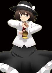 Rule 34 | &gt;:), 1girl, black background, bow, brown eyes, brown hair, chain, female focus, hat, hat bow, hota, necktie, short hair, simple background, skirt, solo, stopwatch, touhou, usami renko, v-shaped eyebrows, watch