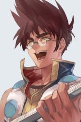 Rule 34 | 1boy, brown hair, glasses, grey background, guitar, high collar, hungry clicker, instrument, looking to the side, macross, macross 7, male focus, nekki basara, open mouth, yellow eyes