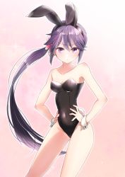 Rule 34 | 1girl, akebono (kancolle), animal ears, black leotard, breasts, commentary request, commission, cowboy shot, flower, gradient background, hair flower, hair ornament, hands on own hips, highres, kantai collection, kimura shiki, leotard, long hair, looking at viewer, oversized breast cup, pink background, playboy bunny, purple eyes, purple hair, rabbit ears, rabbit tail, side ponytail, skeb commission, small breasts, solo, strapless, strapless leotard, tail, very long hair, wrist cuffs