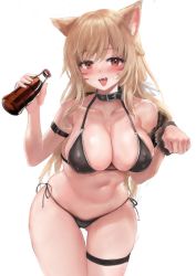 Rule 34 | 1girl, absurdres, aimu (angry9565), animal ear fluff, animal ears, bare shoulders, belt collar, bikini, black bikini, blonde hair, blush, bottle, breasts, cat ears, cat girl, cleavage, collar, covered erect nipples, cowboy shot, drink, facial mark, fang, gluteal fold, halterneck, highres, holding, holding bottle, holding drink, large breasts, long hair, looking at viewer, navel, open mouth, original, paw pose, red eyes, side-tie bikini bottom, sidelocks, simple background, solo, stomach, swimsuit, thigh strap, white background