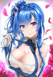 Rule 34 | 1girl, absurdres, ahoge, arm guards, artist name, azur lane, bare shoulders, blue hair, blush, breast hold, breasts, cleavage, closed mouth, clothing cutout, elbow gloves, eyelashes, flower, gloves, gradient background, hair between eyes, headgear, highres, large breasts, long hair, looking at viewer, nez-box, petals, pink flower, ponytail, pulling own clothes, shiny skin, signature, sleeveless, smile, solo, st. louis (azur lane), strap pull, tsurime, underboob, underboob cutout, upper body, white gloves