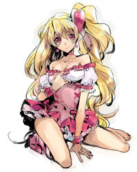 Rule 34 | 00s, 1girl, alternate hairstyle, bare shoulders, barefoot, blonde hair, boots, bow, breasts, cleavage, cure peach, dress, earrings, fresh precure!, hair half undone, hair ornament, heart, heart hair ornament, jewelry, knee boots, kneeling, legs, magical girl, medium breasts, momozono love, nakagawa waka, petticoat, pink bow, pink eyes, pink footwear, precure, red eyes, side ponytail, solo, thighs